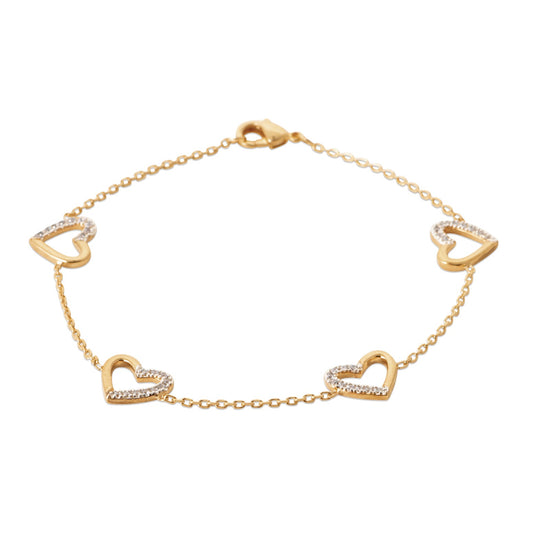 A gold bracelet featuring multiple heart-shaped charms evenly spaced along the length.