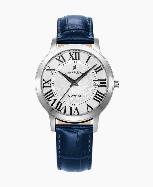 Genesis Gents 38mm •  Three-hands Date Blue-tone White dial • Leather strap Swiss watch • JWG04802