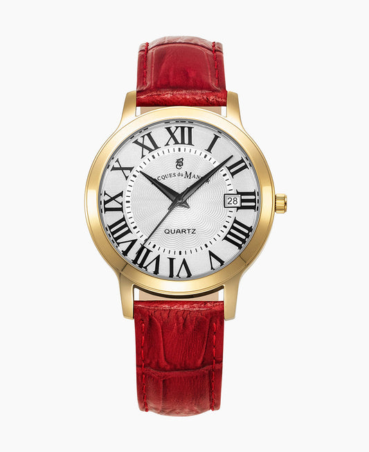 Genesis Gents 38mm •  Three-hands Date Red-tone White dial • Leather strap Swiss watch • JWG04803
