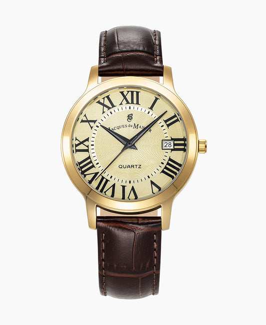 Genesis Gents 38mm •  Three-hands Date Brown-tone Gold dial • Leather strap Swiss watch • JWG04804