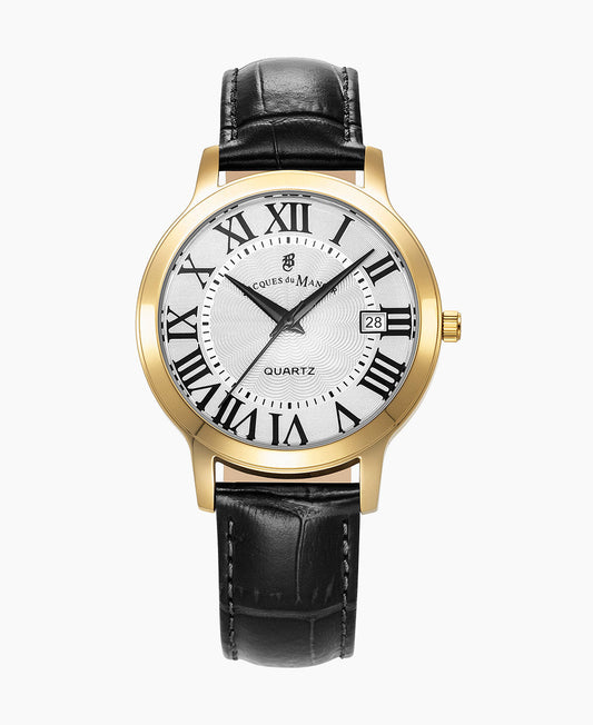 Genesis Gents 38mm •  Three-hands Date Black-tone White dial • Leather strap Swiss watch • JWG04805