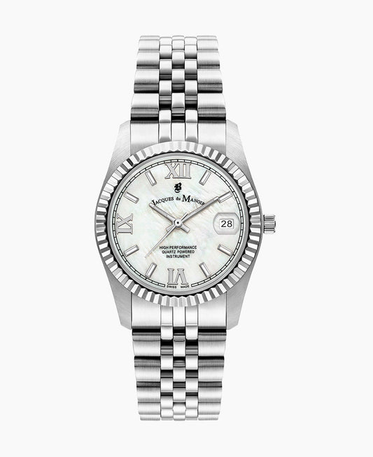 Inspiration Roman 34mm •  Three-hands Date Silver-tone White dial • Stainless steel Swiss watch