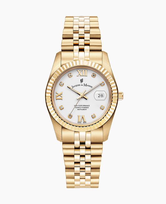 Inspiration Roman II 34mm •  Three-hands Date Gold-tone White dial • Stainless steel Swiss watch • JWL01306