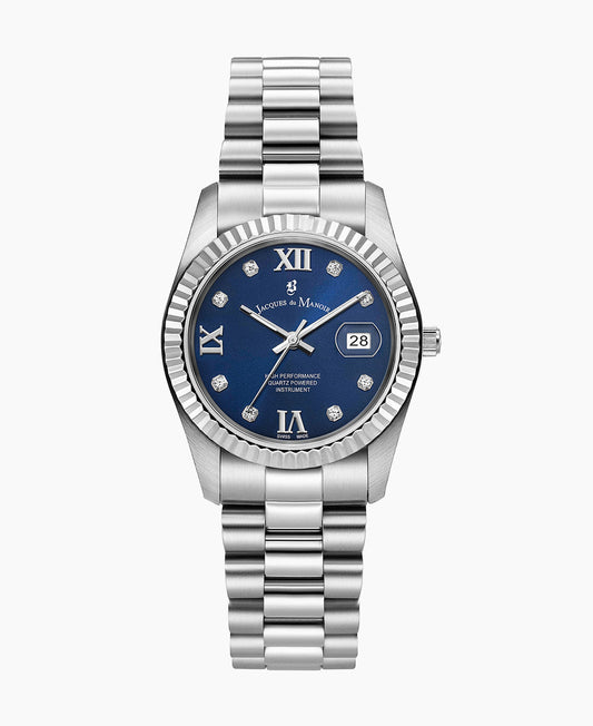 Inspiration Roman II 34mm •  Three-hands Date Silver-tone Blue dial • Stainless steel Swiss watch • JWL01307