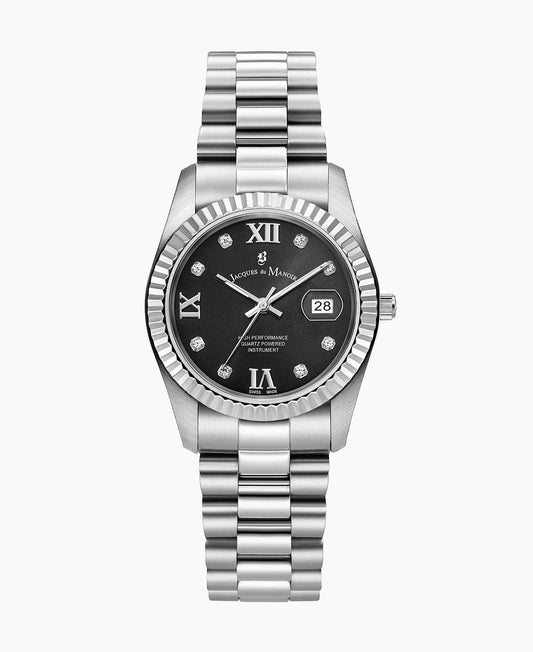 Inspiration Roman II 34mm •  Three-hands Date Silver-tone Black dial • Stainless steel Swiss watch • JWL01308