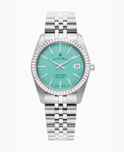 Inspiration Rainbow 36mm •  Three-hands Date Turquoise dial • Stainless steel Swiss watch