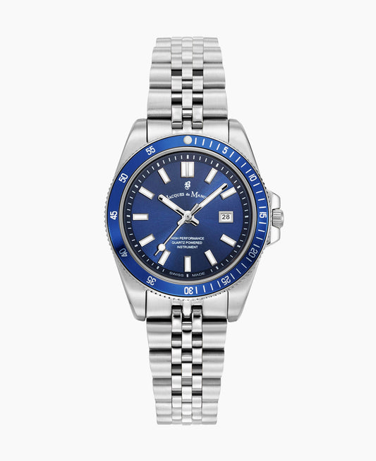 Inspiration Active 33mm •  Three-hands Date Silver-tone Blue dial • Stainless steel Swiss watch