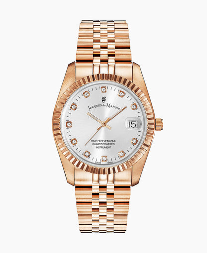 Inspiration Elegance 36mm •  Three-hands Date Rosegold-tone Silver dial • Stainless steel Swiss watch
