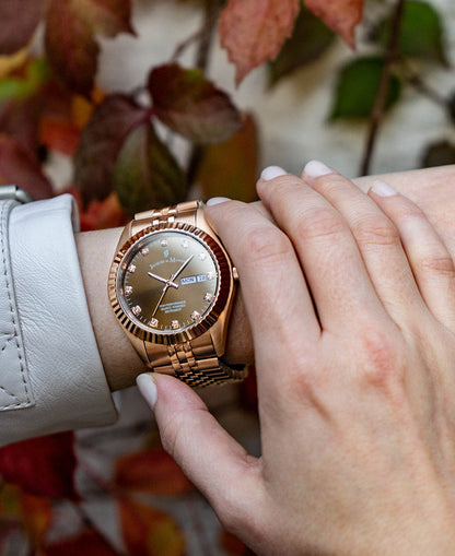 Inspiration Elegance 36mm •  Three-hands Date Rosegold-tone Brown dial • Stainless steel Swiss watch