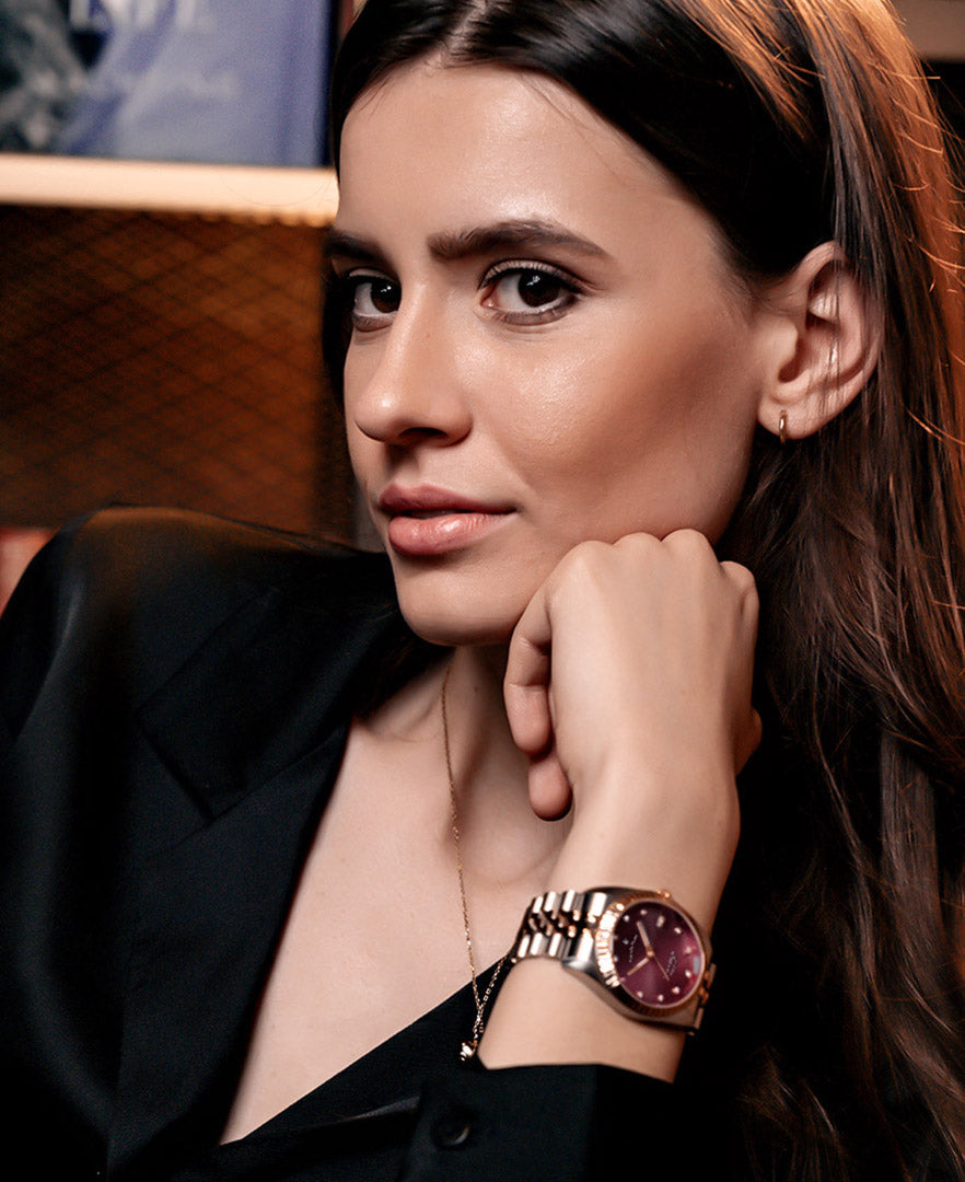Inspiration Elegance 36mm •  Three-hands Date Two-tone Burgundy dial • Stainless steel Swiss watch
