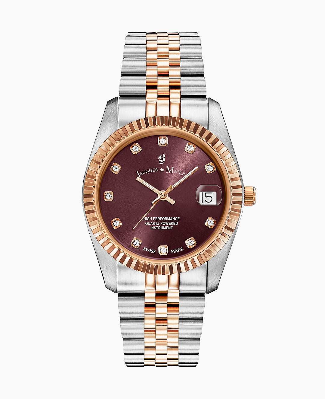 Inspiration Elegance 36mm •  Three-hands Date Two-tone Burgundy dial • Stainless steel Swiss watch