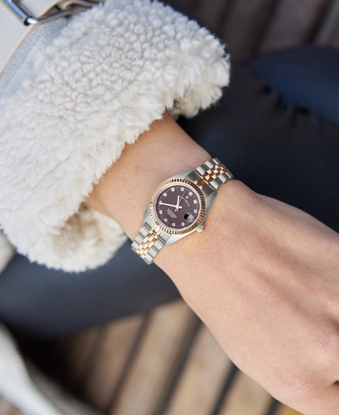Inspiration Elegance 26mm •  Three-hands Date Two-tone Burgundy dial • Stainless steel Swiss watch