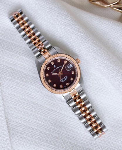 Inspiration Elegance 26mm •  Three-hands Date Two-tone Burgundy dial • Stainless steel Swiss watch