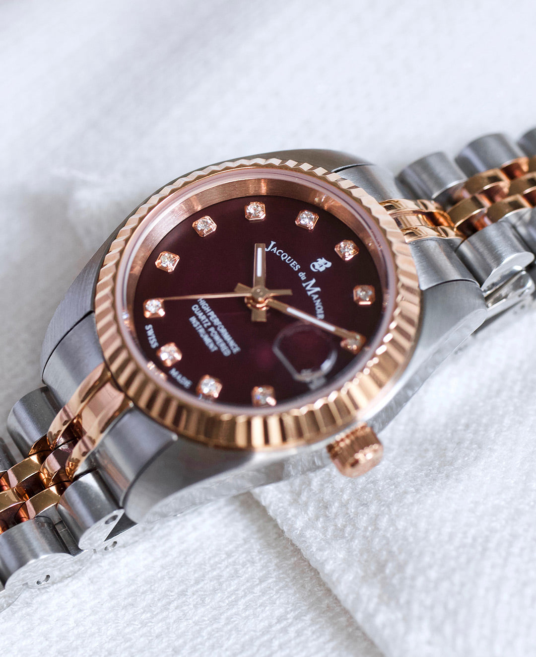 Inspiration Elegance 26mm •  Three-hands Date Two-tone Burgundy dial • Stainless steel Swiss watch