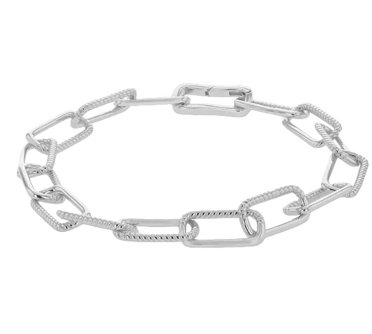 A silver chain bracelet with alternating smooth rectangular links and textured rope-style links.